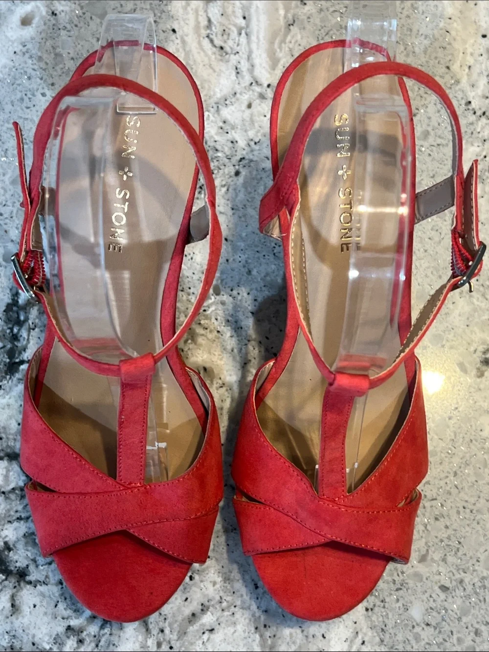 SUN + STONE Jamie T-Strap Platform Sandals Red Coral Cork Block Heel Size 9.5